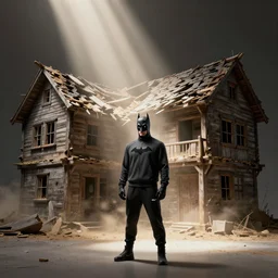 Old wooden houses are falling apart, rays of light pass through the dust, ray tracing, 8k, unreal engine 5 render, octane render Batman in a Nike tracksuit, studio photo