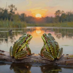 Two frogs sitting on a log in a pond facing away from the camera watching the sunset, oil painting