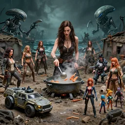 she makes the deep boil. dark fantasy about casually - dressed women with male humans in dirty seaside town, a globster, and beautiful song. action - packed hunting!!! hybridizing!! alien - robot invasion science - fiction blockbuster. operating alien military vehicles and weapons. todd mcfarlane collectible figures playset in a diorama.