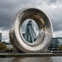 a incredible cutting edge new building on the London waterfront designed by bjarke ingels, with a giant modern stainless steel sculpture in front of it at monumental scale, photo by Annie Leibovitz