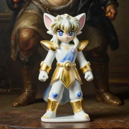 a painting of a saint seiya golden and white ceramic toy wikth blue and pink pigments, a flemish baroque by dino valls, trending on zbrush central, classical realism, flemish baroque, hyper realism, chiaroscuro