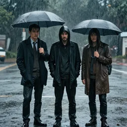 3 men stand in the rain