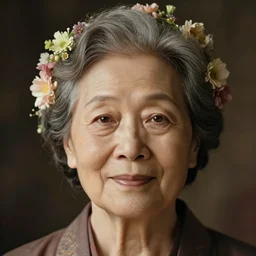 portrait of a 2 0 0 year old woman, symmetrical face, flowers in her hair, she has the beautiful calm face of her mother, slightly smiling, ambient light