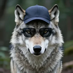 full body wolf wearing sunglasses and a baseball cap, symmetrical face. symmetrical detailed defined eyes. isekai background style, nature, elegant, gorgeous, beautiful, seaky