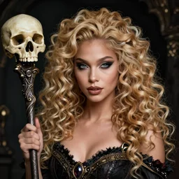 beautiful necromancer who looks like Victoria Justice, blonde curly hair, holding a skull staff, dark fantasy, symmetrical face two identical symmetrical eyes,feminine figure, smooth skin,gorgeous, pretty face, beautiful body, revealing outfit, high detail, realistic, cgsociety, artgerm, trending on artstation