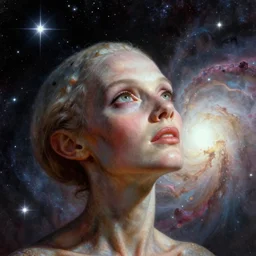 close - up portrait of a pensive alien looking up towards the stars wondering about other intelligence, stars and bright nebula, chesley bonestell, lucien rudaux, rolf klep
