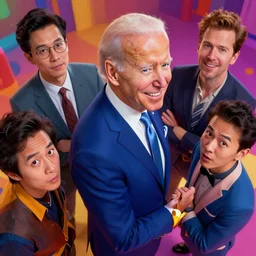 portrait of joe biden, smiling down from above turning front away, artstation winner by victo ngai, kilian eng and by jake parker vibrant colors, winning - award masterpiece, fantastically gaudy, aesthetic octane render, 8 k hd resolution