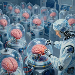 a solar punk painting of rows of futuristic cryonic see through tanks with brains in them attached to wires. a robotic surgeon is operating on the brain. hyper realistic. octane render. human bio body parts. painting by