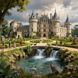 a magical private place in a very beautiful place, with a pond fed by waterfal. fantasy wildlife are central, a bridge and a castle ruin. signs of a long ago battle using powerful magic which still persists, time magics cause a temporal anomaly : : on the right half of the image the castle is new, with manicured grounds and people : : of the left half the castle is in ruins and the grounds are overgrown : : split down the middle of the image