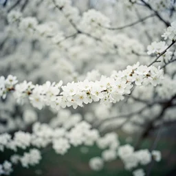 a close up of a tree with white flowers, a tilt shift photo by elinor proby adams, trending on unsplash, naturalism, photo taken with ektachrome, shallow depth of field, photo taken with provia