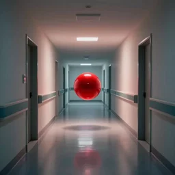 a clean hospital hallway with a red floating orb in the center of the hallway