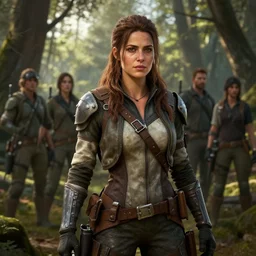fallout 5, charismatic beautiful rugged brunette female protagonist, portrait, outdoors forest area, atmospheric lighting, painted, intricate, volumetric lighting, beautiful, daytime, sunny weather, slight overcast, sharp focus, deep colours, ultra detailed, by leesha hannigan, ross tran, thierry doizon, kai carpenter, ignacio fernandez rios