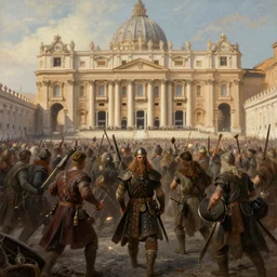 A horde of vikings raiding the Vatican State, fantasy painting, DeviantArt Artstation, by Steve Argyle by Tyler Jacobson by Peter Mohrbacher, cinematic lighting