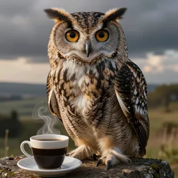 owl at morning with cup of coffee, rich in details, kirchner, gaughan, caulfield, aoshima, earle