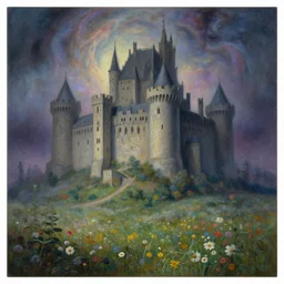 a beautiful painting of a large medieval castle shrouded by mystic nebula magic in a field of flowers by moebius and android jones