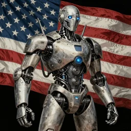 mech in the style of Norman Rockwell, sci-fi illustrations, highly detailed, award-winning, patriotic, american, dark, gritty, ink