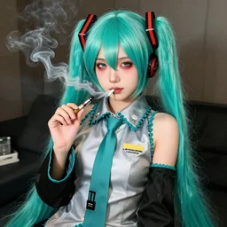 hatsune miku being high with bloodshot eyes smoking weed with a vape pen. a room full of smoke