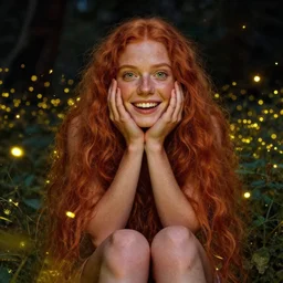 infp young woman, smiling amazed, golden fireflies lights, sitting in the midst of nature fully covered, long loose red hair, intricate linework, bright accurate green eyes, small nose with freckles, oval shape face, realistic, expressive emotions, dramatic lights spiritual scene, hyper realistic art by michael cheval, jessica rossier, boris vallejo