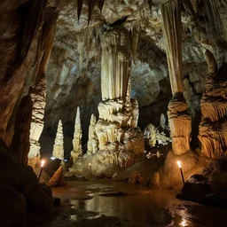 hyper detailed enormous limestone cavern cave with stalagmites and stalagtites, cave lit by torches, shallow reflective water and puddle on the ground, moody, dark, trending on artstation, octane render, high, cinematic light, steven spielberg