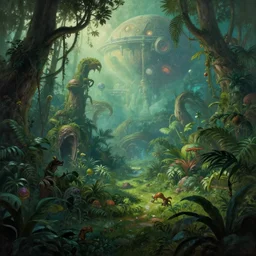 A strange jungle biome and on an alien science-fiction planet, beautiful matte painting, Moebius, frank frazetta, sid mead, james gurney, thomas kinkade, rodney mathews, trending on artstation