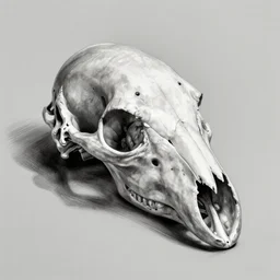 dog skull pencil study, drawing, medical illustration, black and white, neutral background