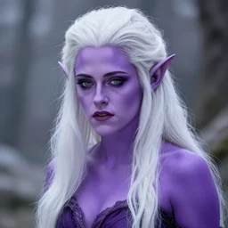 Purple skinned Kristen Stewart as Elf wizard. smooth purple skin! + purple skin Photorealistic digital art trending on artstation, artgem, 4k HD. Snow white hair, white haired, silver-white-hair