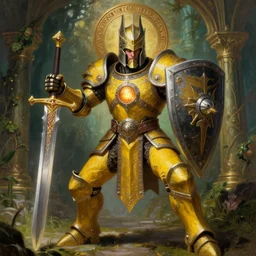 full body, attack position Victor Nizovtzev and Marc Simonetti painting in lush fantasy environment of a ornate holy mechanical warforged with circular glowing eye, character in yellow armor holding a legendary paladin engraved holy great longsword and carrying a huge heavy paladin shield, vertically flat head, face in focus, epic , trending on ArtStation, masterpiece,  cinematic lighting