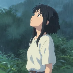 woman standing in the rain looking up, shinkai, detailed