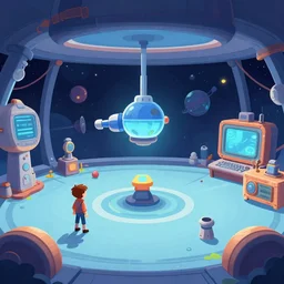 inside a space station, from a space themed Serria point and click 2D graphic adventure game, high quality cartoon style graphics