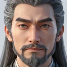 face closeup covered with 4 0 year old man, serious medium smile, medium sized eyebrows, gren grey eyes, pale skin, grey black ned kelly beard, long grey hair, symmetric face, 3 d render, hyper - realistic detailed portrait, ruan jia, wlop