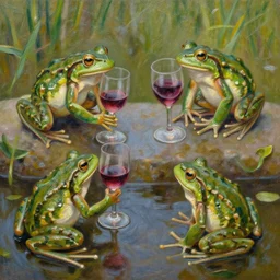 beautiful impressionist painting of frogs, creating, making, wine