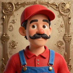 highly detailed vfx caricature of a man with a mustache wearing a red shirt, blue overalls, and a red cap, art by ross tran, digital illustration, ornate details,