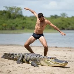 man dancing out there with an alligator
