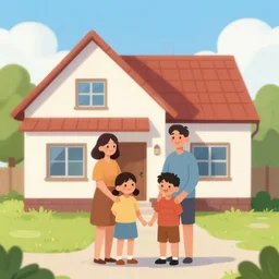 illustration happy family near new house, real estate