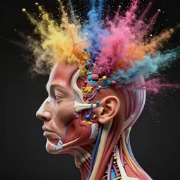 a human head explodes into a huge mass of coloured powder, motion blur, hyperrealistic, medical, intricate art photography, anatomically correct, realistic crisp textures, 8 k, art by lee griggs,