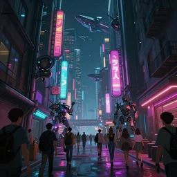 a beautiful concept art of cyberpunk 2 0 7 7 alleyway and futuristic neon newyork downtown, with people walking, mech cyber robotics creatures and space ships, by alena aenami and studio ghibli and alejandro burdisio, dark night, anime, manga, hyper detailed, vibrant, landscape, 8 k hdr, digital, artstation, cg