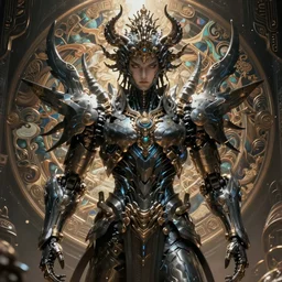 akira from chinese mythology, hi - tech luciferian synthetic, gorgeous and huge head ornaments, dystopian, cyberpunk, mecha, cinematic dramatic light, ominous, intricate, studio, malekith concept art, zoomed out, beksinski, alphonse mucha, concept art, 4 k, sharp focus