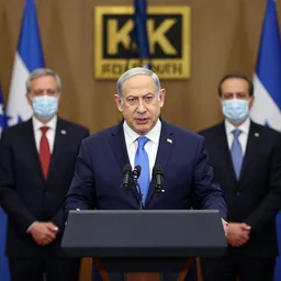 photograph of Benjamin Netanyahu giving a speech with a podium in front of him, suited men with medical masks standing behind him, cinematic lighting, official media, HQ, 4K, news photography