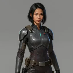 portrait of a woman by greg rutkowski, she is about 2 0 years old, mixture between samoan and indian features, tall and slender, black short hair, wearing the tactical gear of the galactic federation, star wars expanded universe, highly detailed portrait, digital painting, artstation, concept art, smooth, sharp foccus ilustration, artstation hq