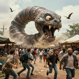 giant worm attacking a farmers market, crowd fleeing, horror,
