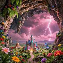 a massive volume cave : 5, ; bright coloured natural flowers and ferns : 1 ; miniature tiny futuristic city : 3 ; endless plain with pink lightning clouds : 2, highly symmetrical, balanced, octane render hd, 4 k, ultra - realistic, in unreal engine, trending on artstation