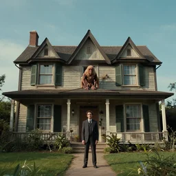 the creature on the house in the house, film still from the movie directed by denis villeneuve and david cronenberg, with art direction by salvador dali, wide lens