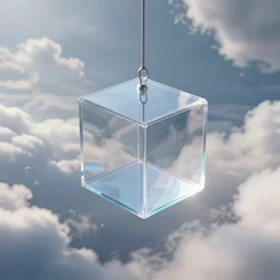 centralized computer generated image of a glass box hanging from a tether from the clouds, dynamic perspective, surrealism, concept art by dom qwek, trending on cg society, futurism, futuristic, volumetric lighting, aesthetic