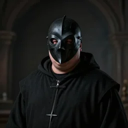 a portrait, a chubby humanoid wearing a pointy black plague doctor mask, realistic, short in stature, wearing black medieval robes, medical doctor, serene, pointy mask, style by donato giancola, wayne reynolds, jeff easley dramatic light, high detail, cinematic lighting, artstation, dungeons and dragons