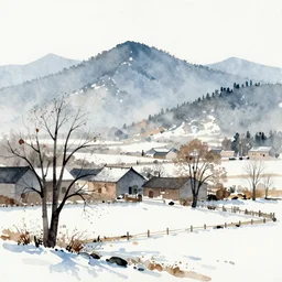 countryside, winter, trees, mountains, watercolor-wash