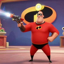 bruce forsyth with a ray gun in morrisons in the style of the incredibles