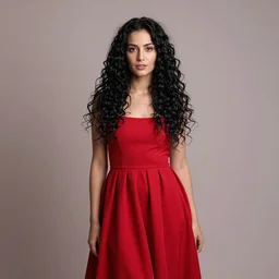 a portrait photography of a beautiful woman with black long curly hair and full body dress in red  by Flora Borsi, soft natural lighting, pastel colors scheme, fine art photography, dramatic backgroung, 50 mm sigma art