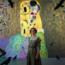 a woman in a medieval city, a lots go crows, hyperrealistic film still by edward hopper, by gottfried helnwein, by klimt, by paolo uccello, art nouveau, highly detailed, strong lights, liminal, eerie, bright pastel colors