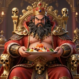 an intricate concept art, photorealism, angry fat bearded king, being served with food and treasures, skull throne, ultra photorealistic, pinterest, artstation, cgsociety, pinterest, digital art, hyper detail, anime colors, style by wlop, octane render, 8 k