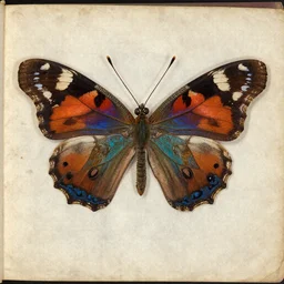 ancient manuscript with a painting of a big batterfly, 35 mm lens